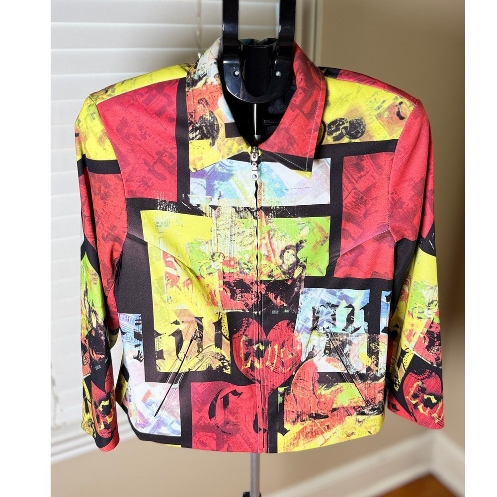 Vintage Pop Art Paris Collage Zip Up Jacket Multi Color Graphic Print Top